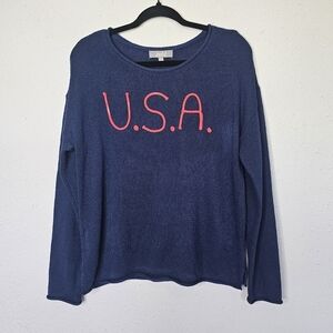 Marled Reunited L Sweater Slits Pullover Red USA Embroidery‎ Navy Blue